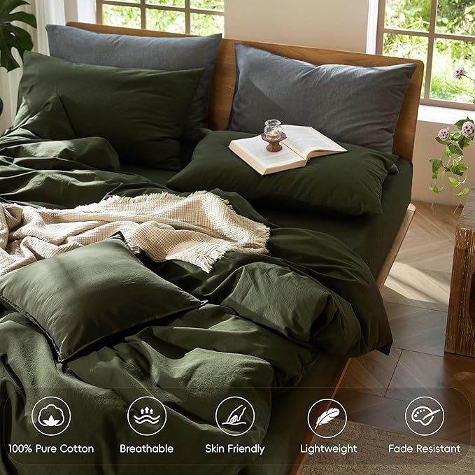 MooMee Bedding Duvet Cover Set 100% Washed Cotton Linen Like Textured Breathable Durable Soft Comfy (Solid Olive Green, Cal King 104"x98")