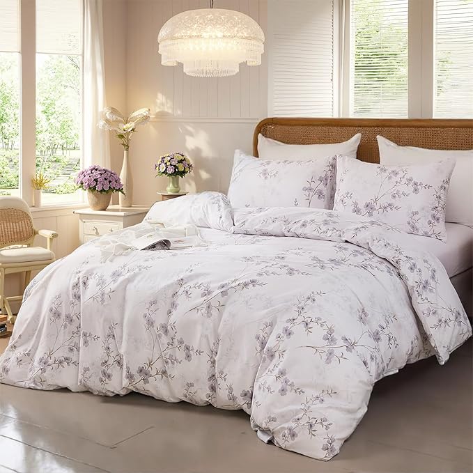 Floral Duvet Cover King Size - 100% Nature Cotton Reversible Grayish Flower Bedding Set with Zipper Closure, 3 Pieces Soft & Breathable Beige Comforter Cover