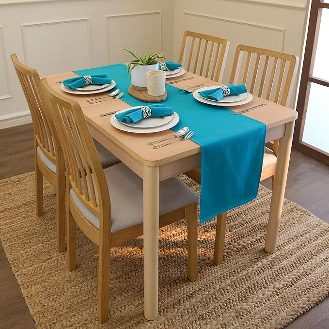 Encasa XO Table Runner 13"x104" Long | Cotton Canvas Fabric | Azul Blue Solid Color | Machine Washable & Durable