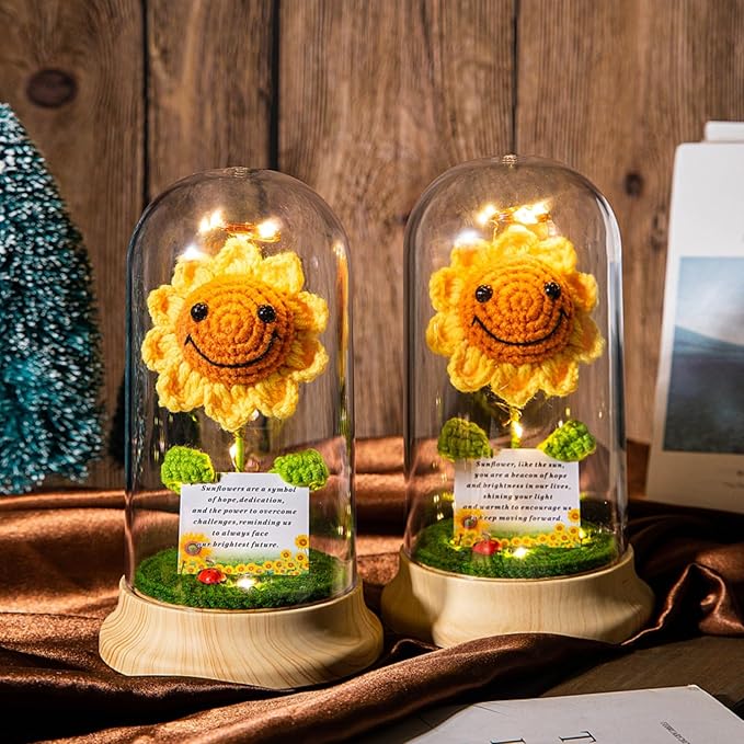 Levvohd Crochet Sunflower Gifts for Women, in Plastic Dome Sun Flower for Her Mom Grandma Birthday Mothers Day Christmas Day Gift (Card- Sunflower 4.3 in X 7.5 in)