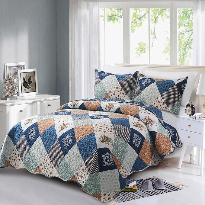 Dinjoy Reversible Patchwork Quilt Bedding Set Twin Size Blue Green Grey Plaid Floral Pattern Bedspread Set Soft Microfiber Coverlets Bed Set 3 Pieces Spring Summer Fall Use (68x86 inches)
