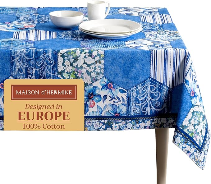 Maison d' Hermine Table Cloth Rectangle Table 100% Cotton 60 x 90 Inches Tablecloth Reusable Decorative for Dining Room, Farmhouse, Home, Party, Festive & Wedding Spring Summer - Summer Blues