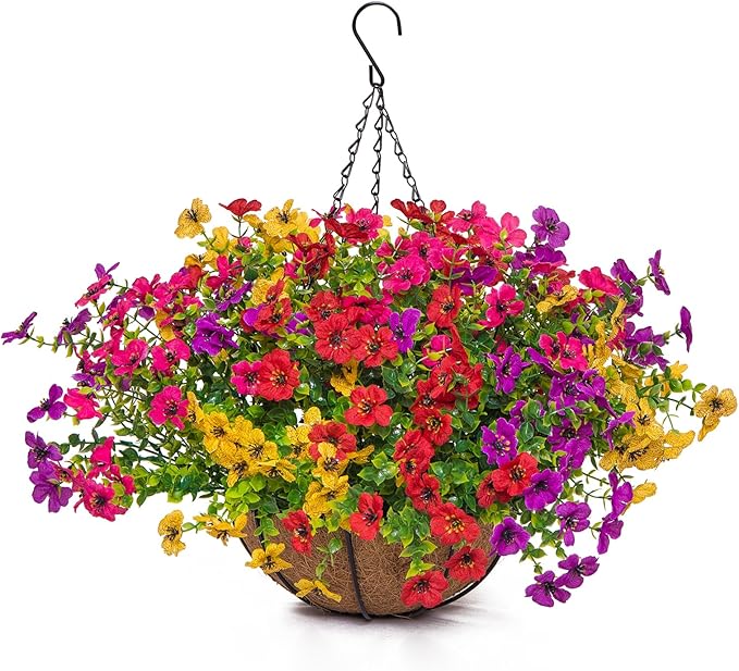 Artificial Mums for Outdoors Planters Fake Mum Realistic Flowers with Basket Faux Plants for Decoration Hanging Planters Indoor Outside Garden Porch Window Box Home Wedding Farmhouse