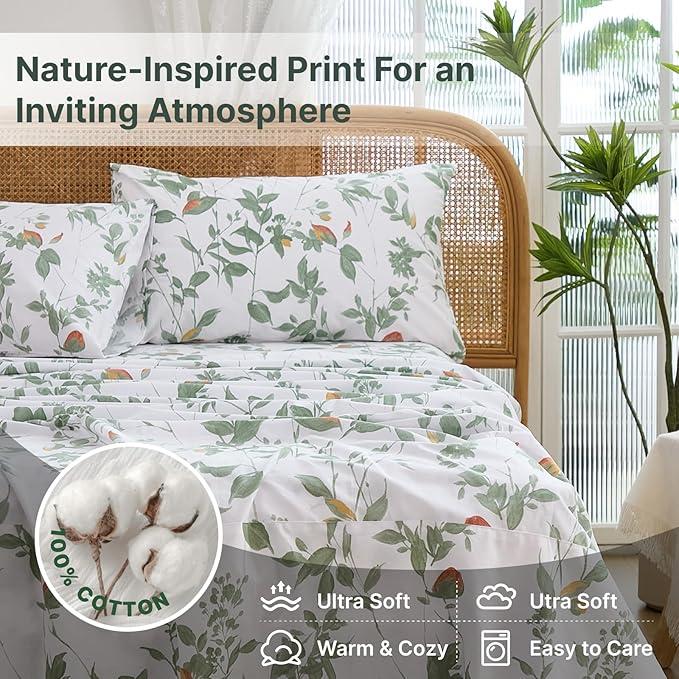 100% Cotton Sheets Set King Size – 4 Pieces Luxury Breathable Percale Cotton Bedding with Deep Pockets, Crisp Cool Feeling, Soft&Durable, Refined Botanical Elegance, Green Floral Bed Sheets