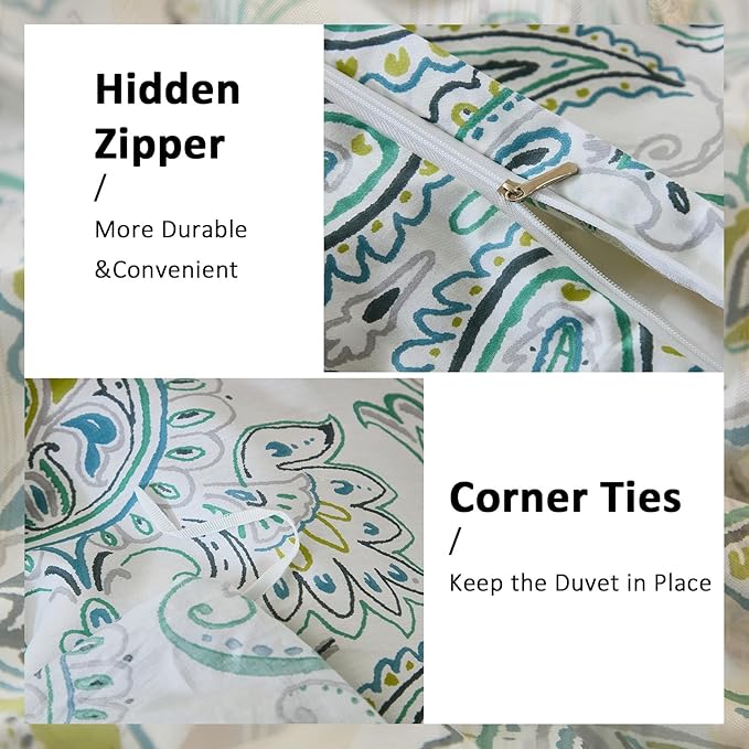 100% Cotton Floral Duvet Cover Queen - Green Paisley Comforter Cover 3-PC, Soft & Breathable Bedding Duvet Cover Sets with Zipper Closure & Corner Ties, Retro Duvet Cover Sets