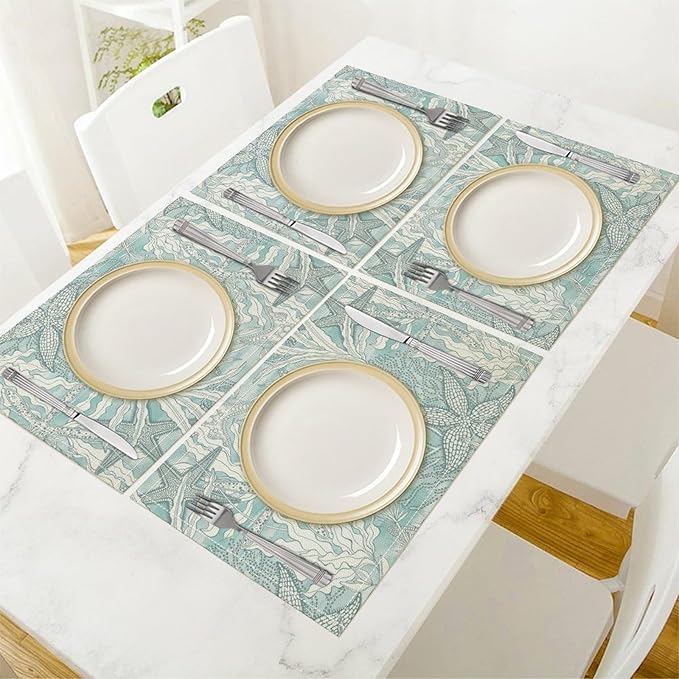 Nautical Placemats Beach Ocean Starfish Seashell Coral Art Printed Dining Table Mats Set of 4 for Restaurant Home Kitchen Holiday Picnic Party Decor 12x18in
