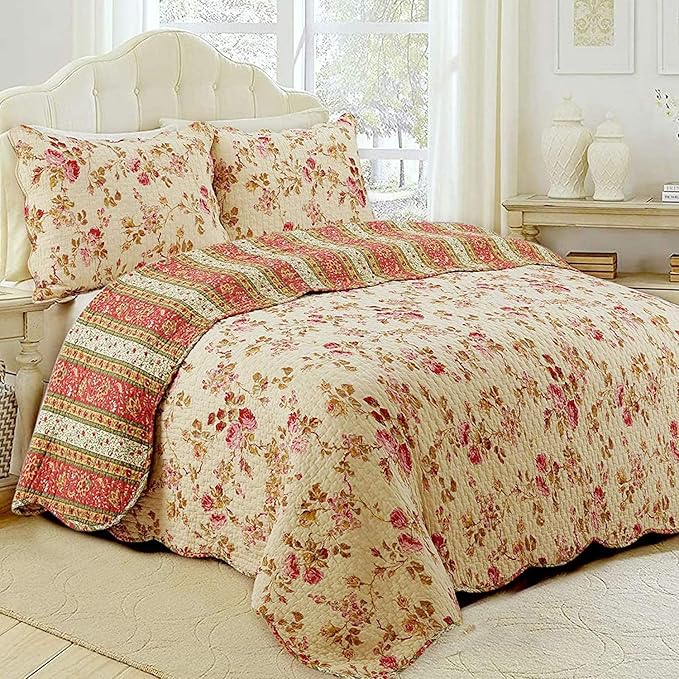 Cozy Line Home Fashions Rose Garden Vintage Floral Pink Khaki 100% Cotton Reversible Quilt Bedding Set, Coverlet Bedspread (Vintage Rose, King - 3 Piece)