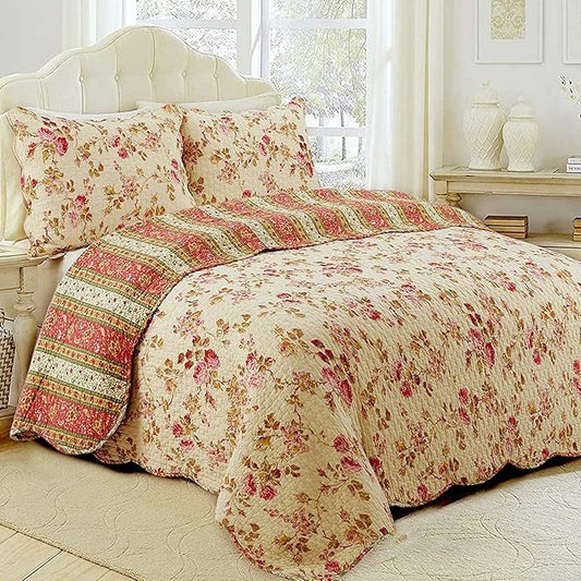 Cozy Line Home Fashions Rose Garden Vintage Floral Pink Khaki 100% Cotton Reversible Quilt Bedding Set, Coverlet Bedspread (Vintage Rose, King - 3 Piece)