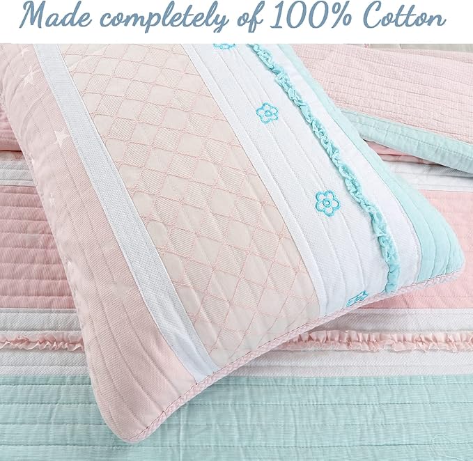 Cozy Line Home Fashions Light Pink Blue Ruffles Girl 100% Cotton Reversible Quilt Bedding Set, Coverlet, Bedspread (Candy, Queen - 3 Piece: 1 Quilt + 2 Shams)