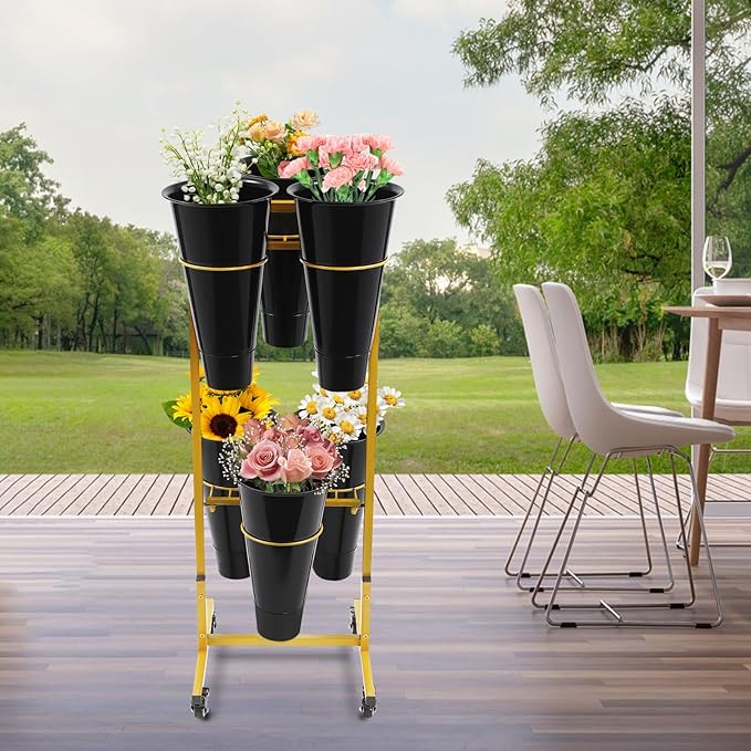 Flower Display Stand with 6 Buckets, Moving Plant Cart Shelf With Wheels and Bucket, Iron Florist Shelf, Indoor Outdoor Flower Rack for Home Patio Balcony (Black)
