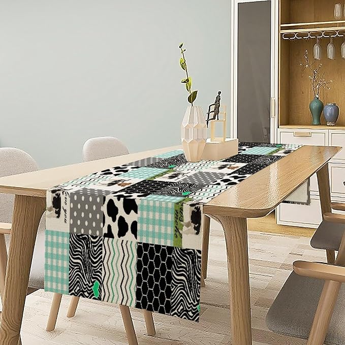 Cute Cow Print Table Runner,Farm Animals Honeycomb Plaid Stripes Cowhide Pattern Tablecloth Burlap for Hotel Indoors Outdoor Dining Room Kitchen Table Decor, 13x70in