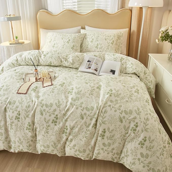 Vintage Boho Floral Duvet Cover King White Green Floral Print Bedding Set Cotton Botanical Floral Comforter Cover Garden Flowers Aesthetic Bedding Cover Boho Style King Duvet Cover with Zipper Closure