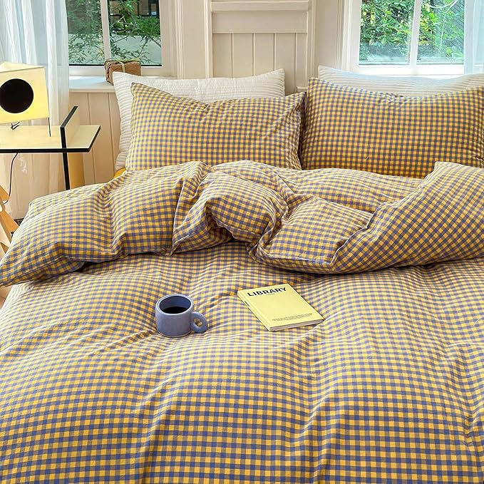 LifeTB Gingham Comforter Set Twin XL Modern Style Purple Yellow Plaid Comforter Set 3 Pieces Soft Fluffy Grid Checkered Pattern Comforter with 2 Pillowcases Farmhouse Gingham Bedding Set Twin XL