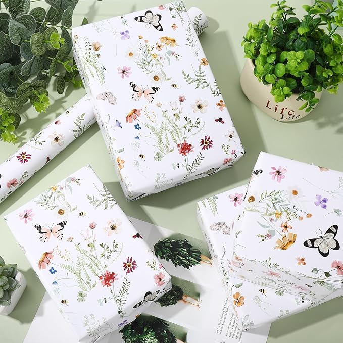 JarThenaAMCS Wildflower Wrapping Paper -Mini Roll- 17 Inch x 32.8Ft Watercolor Floral Butterfly Gift Wrap Paper Spring Art Paper for Wedding Bridal Baby Shower DIY Craft
