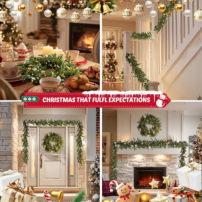 2Pack 6FT Christmas Garland – Artificial Greenery Olive Garland with White Berries, Pinecones & 20 Warm LED Timer Lights – Holiday Garland for Home, Wedding, Party Decorations
