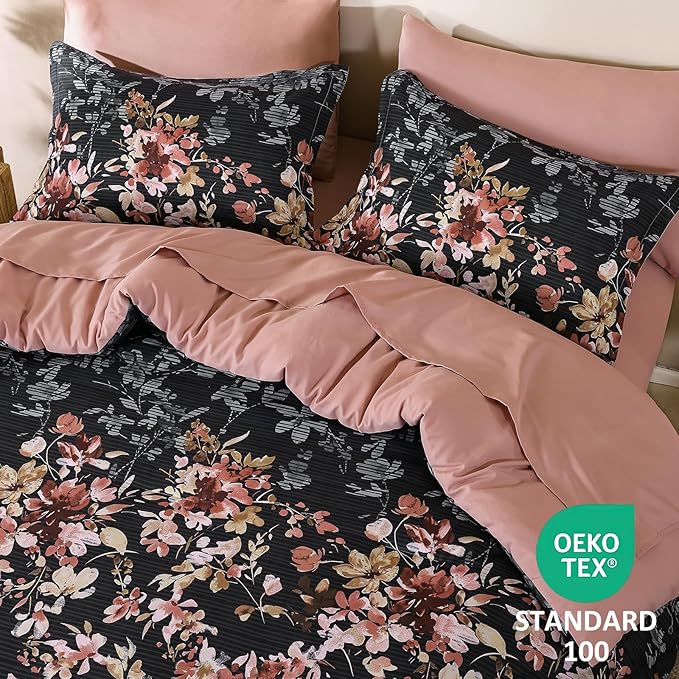 Queen Comforter Set, 7 Pieces Black and Pink Floral Comforter Set, Bed in a Bag Queen with Botanical Flowers Pattern, All Season farmhouse Queen Size Bedding Set with Sheets, Pillowcases & Shams