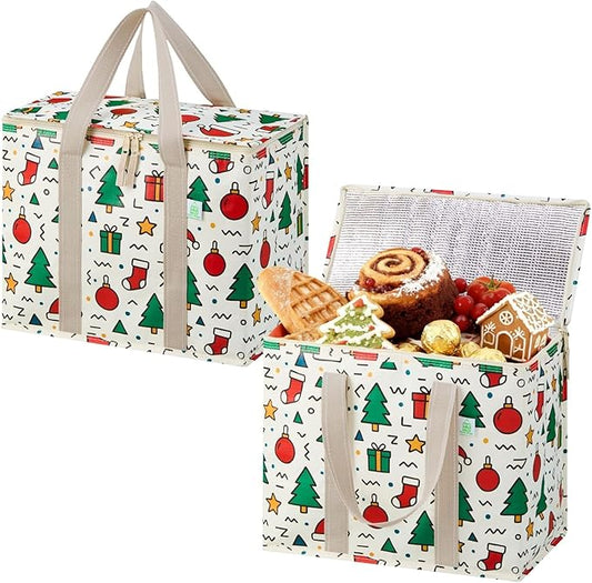 VENO 2 Pack Cooler Bag, Insulated Grocery Bags for Food Delivery, Collapsible Cooler, Reusable Shopping Bags for Groceries, Hard Bottom, Zippered, Foldable, Christmas Pattern (Jingle Mix, 2 Pack)
