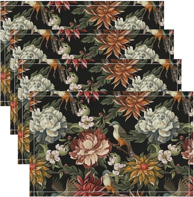 Vintage Floral Placemats Set of 8, 17x12 Inch Colorful Flowers Birds Green Leaves Black Retro Aesthetic Art Print Table Mats for Home Party Kitchen Dining Decor