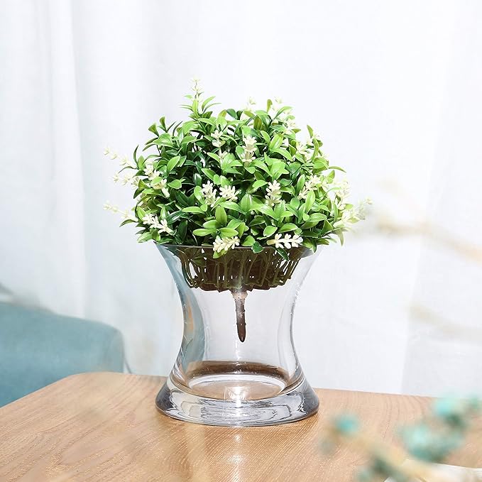 WGV Unique Bouquet Vase, 5.5" W, 6" H, Clear Short Hurricane Concaved Neiman Glass Floral Container, Home Wedding Event Decor, 1 Piece (VHV0606)