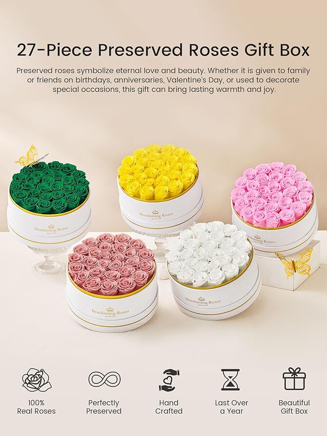 Preserved Roses Forever Flowers Real Roses in a Box Mother's Day Birthday Flowers for Her Mom Women Wife Valentine's Day, Green, 27 Piece