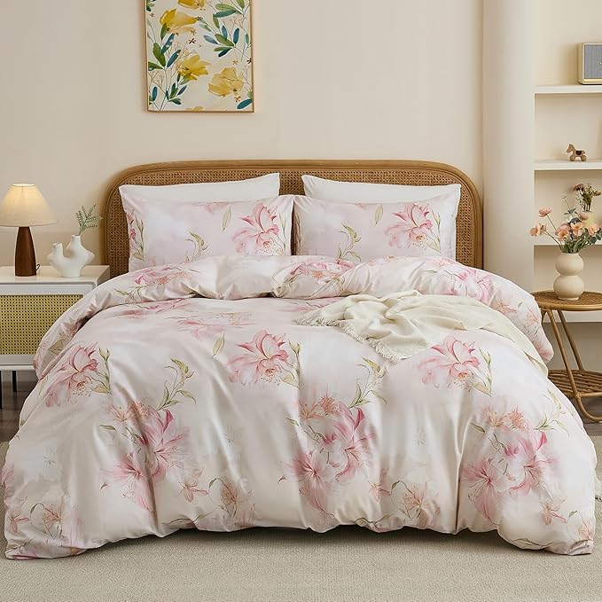100% Cotton Duvet Cover Queen Size – Elegant Blush Lily Pink Floral Duvet Cover Set with Zipper Closure, 3-Piece Soft Breathable Natural Cotton Bedding Set for All Seasons
