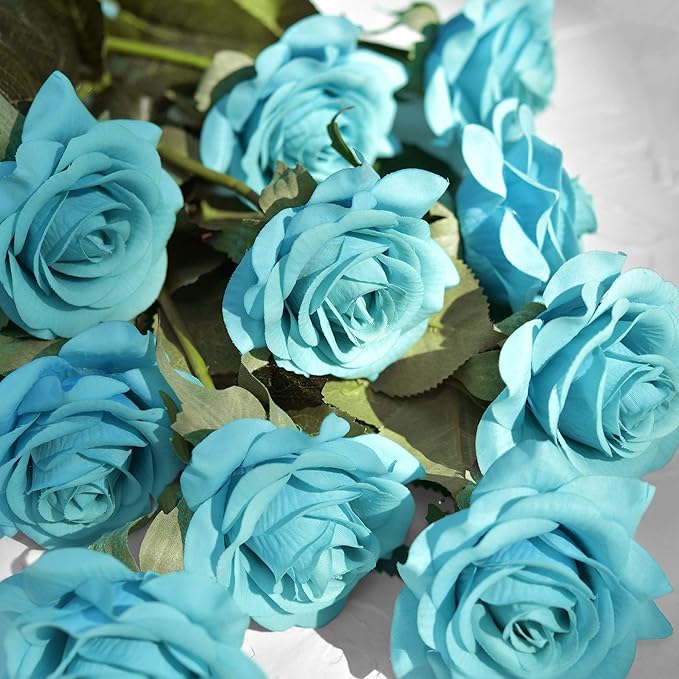 FiveSeasonStuff Silk Roses Artificial Flowers for Decoration, Home Decor Centerpiece for Tables, Wedding Bridal Bouquet of Flowers Real Touch Roses 12 Stems (Turquoise)