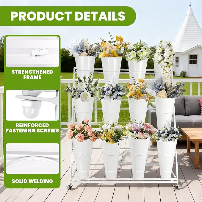 Flower Display Stand 3 Layers with 12 PCS Round Buckets, Plant Stand with Wheels, Movable Metal Plant Stand for Terrace Garden, Florist Shop, Wedding, Party, Easy to Install (White)