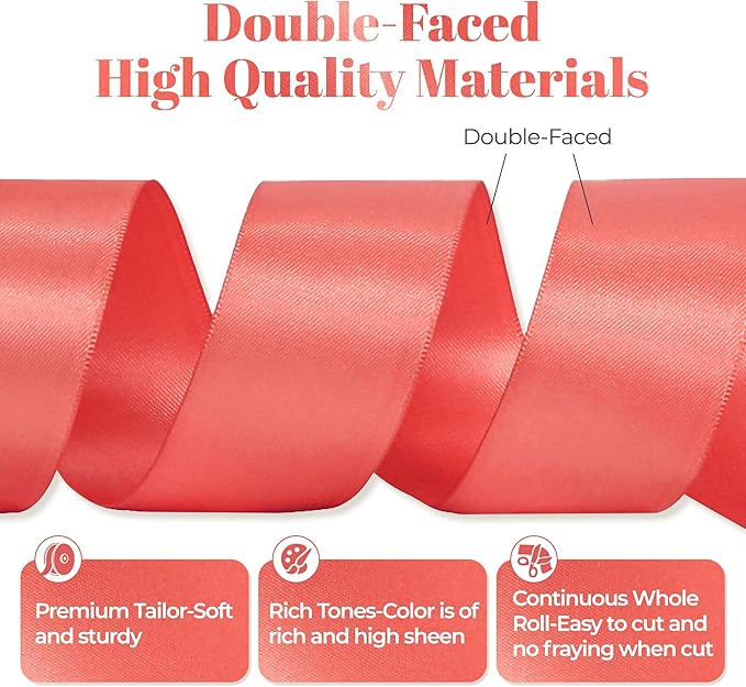 Coral Satin Ribbon, Double Faced 1-1/2 Inch X 50 Yards Coral Ribbon, for Gift Wrapping, Crafts, Hair Bow Making, Sewing, Flower Bouquet, Wedding Party Decor