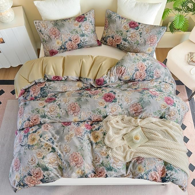 Blue Floral Duvet Cover Set 100% Percale Cotton King Size Shabby Vintage Chic Penoy Patterned Comforter Covers with Zipper，Soft & Breathable French Country Bedding 3Pcs-Not Comforter