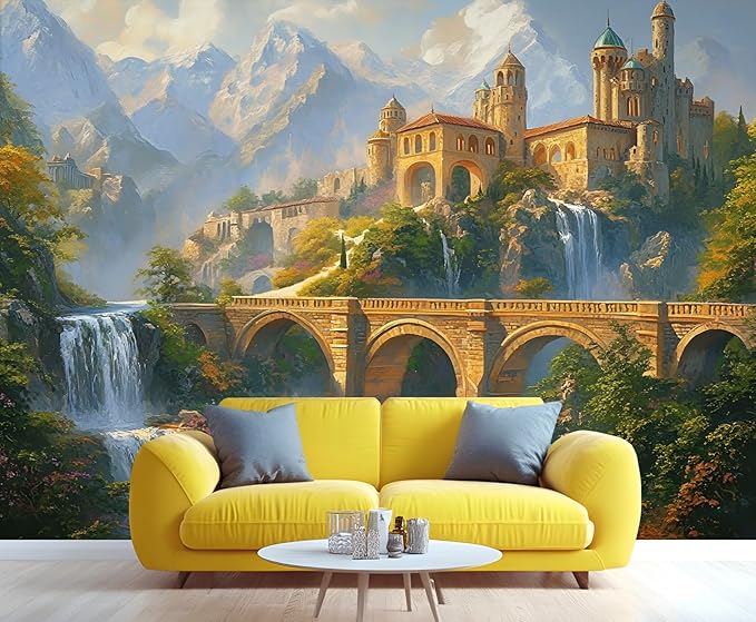 Fantasy Castle Wall Mural, Magical Waterfall Landscape 3D Wall Murals, Royal Palace Wallpaper Mural, for Living Room Bedroom Large Wallpaper Indoor Decor 177.16" W x120 H