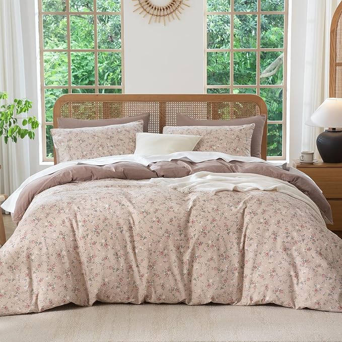 Queen Size Comforter Set Floral Soft 3 Pieces Chic Crinkle Gauze Fabric Garden Style Vintage Floral Print Botanical Comforter for All Seasons Luxury Warmth Comfy Breathable with 2 Pillowcases
