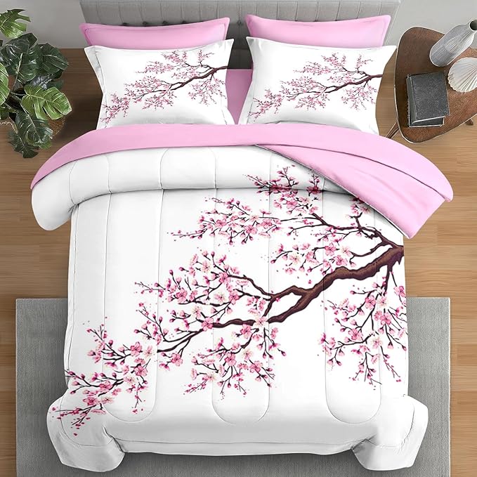 Comforter Set Full Size, Japanese Cherry Blossom 7 Pcs Bedding for Kids and Adults, Flower Painting Pink Bed Sheet Sets with Fitted Sheet 2 Pillowcase & 2 Sham for Bedroom Bed Decor