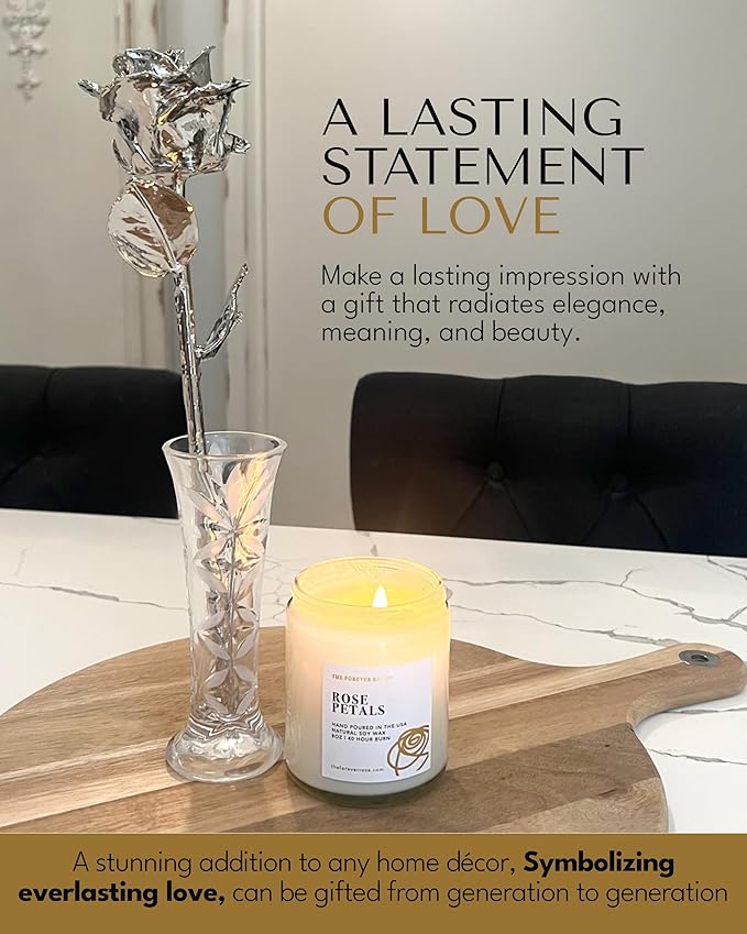 Forever Rose Real Rose Dipped in Platinum, Handcrafted Preserved Rose in Clear Glass Bud Vase and Luxury Gold Gift Box, Romantic Gift for Her, Elegant Keepsake for Anniversary, Birthday, Any Occasion