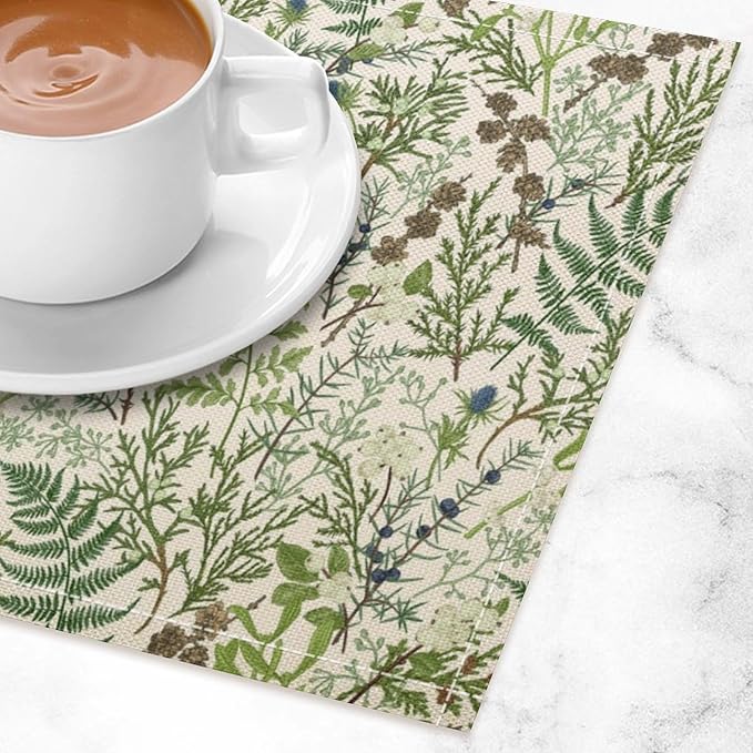 Retro Botanical Placemats Set of 4, 17x12 Inch Rustic Farmhouse Green Leaves Vintage Plants Aesthetic Table Mats for Home Party Kitchen Dining Decor