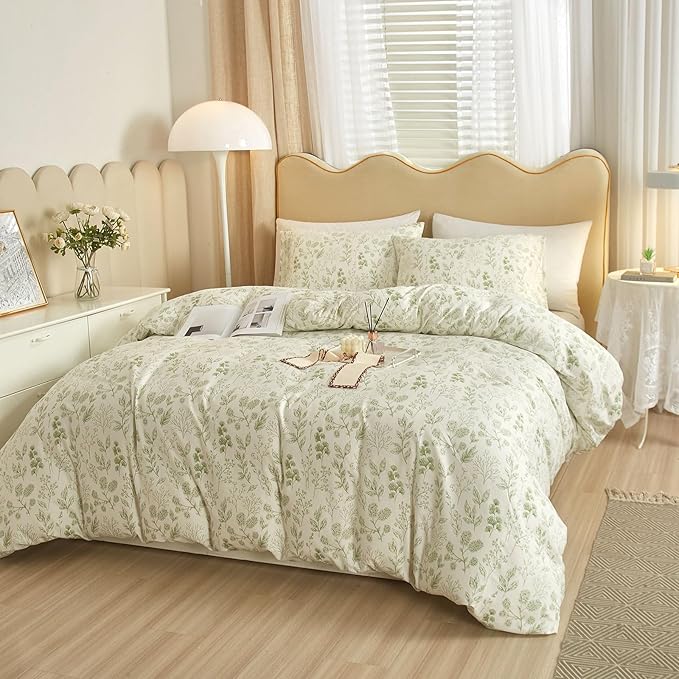 EAVD Reversible Botanical Floral Duvet Cover King Soft Cotton Chic Shabby Garden Green Floral Bedding Set with 2 Pillowcases Fresh Vintage Style Green Floral Comforter Cover with Zipper Closure