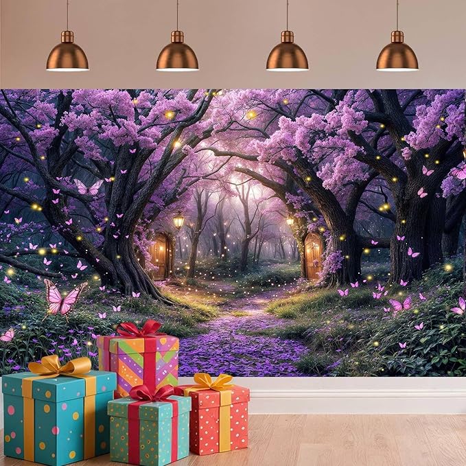 15X10ft Enchanted Forest Backdrop Fairy Tale Purple Wonderland Garden Tree House Floral Butterfly Photography Background for Kids Girl Baby Shower Birthday Party Decoration Banner Booth Props