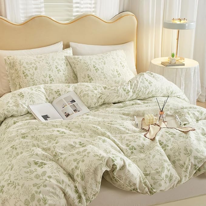 EAVD Reversible Botanical Floral Duvet Cover King Soft Cotton Chic Shabby Garden Green Floral Bedding Set with 2 Pillowcases Fresh Vintage Style Green Floral Comforter Cover with Zipper Closure