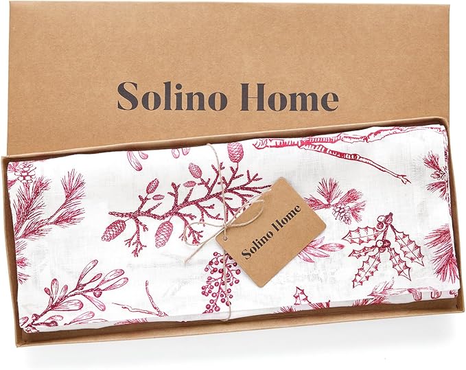 Solino Home 100% Pure Linen Christmas Table Runner 72 Inches Long - Red/White Table Runner 14 x 72 Inch - Handcrafted and Machine Washable - Winter Forest Print