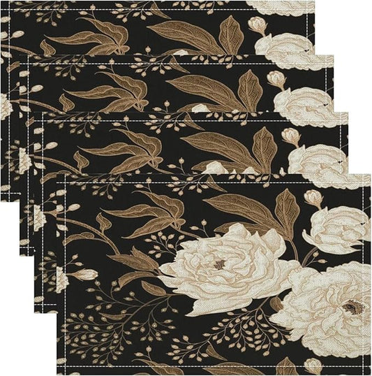 Black Gold Floral Placemats Set of 4, 17x12 Inch Abstract Vintage Rustic Flower Botanical Aesthetic Art Print Table Mats for Home Party Kitchen Dining Decor