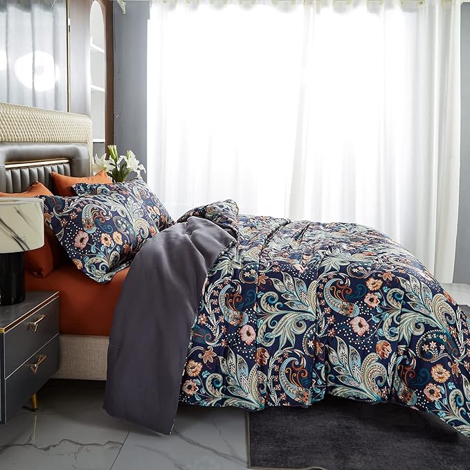 7 Piece Paisley Flower Comforter Set Bed in a Bag Set Queen Size Luxury Dark Blue Vintage Floral Boho Medallion Comforter Soft & Breathable Microfiber Bedding Set for Woman Adults