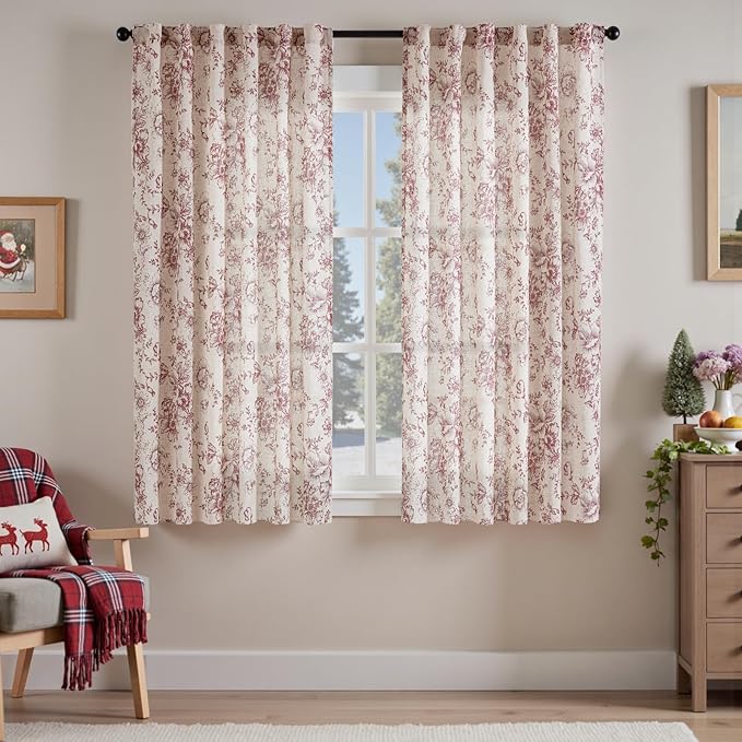 jinchan Linen Blend Curtain Floral Curtains for Living Room 63 Inch Length Christmas Brick Red Printed Curtain Rod Pocket Back Tab Farmhouse Peony Flower Patterned Drapes Curtains Set 2 Panels