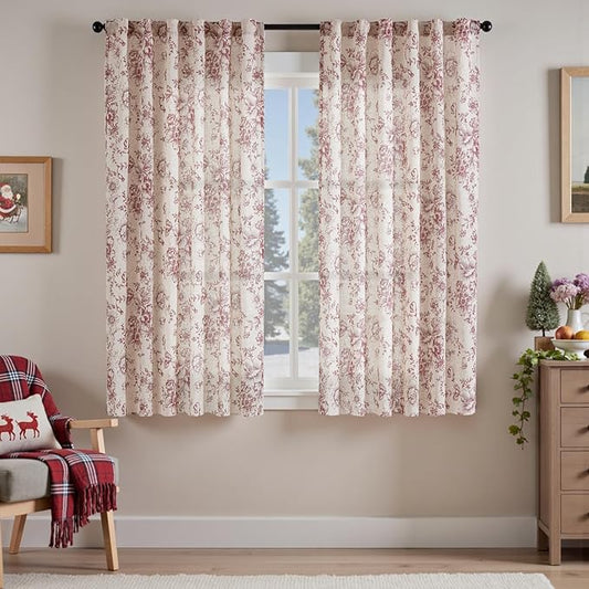 jinchan Linen Blend Curtain Floral Curtains for Living Room 45 Inch Length Christmas Brick Red Printed Curtain Rod Pocket Back Tab Farmhouse Peony Flower Patterned Drapes Curtains Set 2 Panels