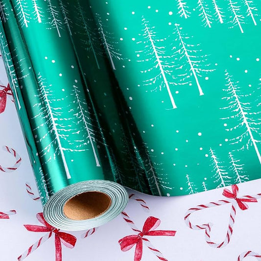 MAYPLUSS Green Christmas Wrapping Paper - 17 Inch X 33 Feet - Reversible Cute Bow Candy Cane Christmas Gift Wrapping Paper, Metallic Foil Thick Gift Wrap Paper for Holiday Party New Year Kids