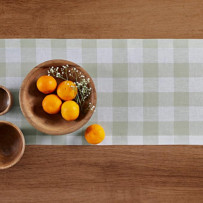 Solino Home Linen Checkered Table Runner 60 Inches - 100% Pure Linen Sage and White Buffalo Short Table Runner 14 x 60 Inch for Dresser and Coffee Tables - Winter, Spring, St Patricks Day, Easter