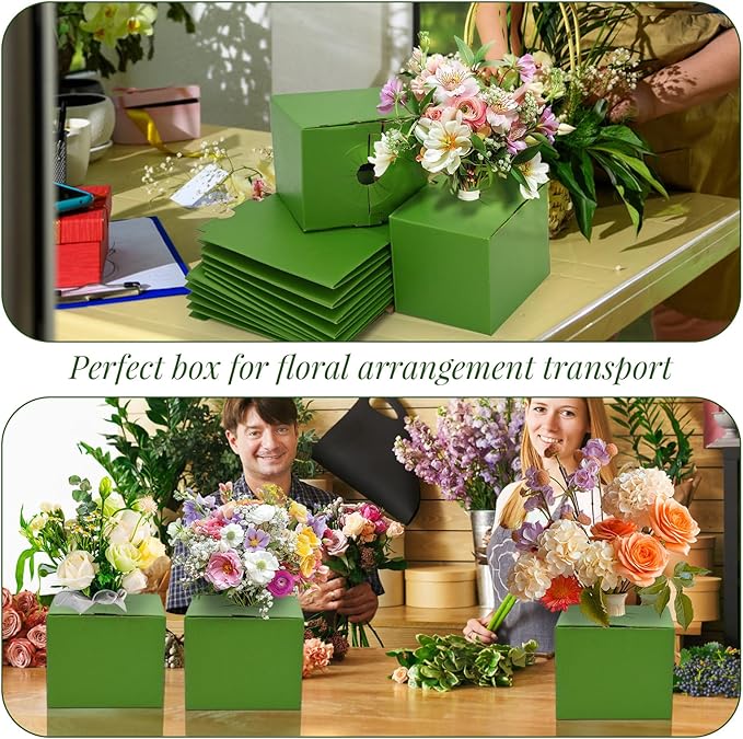 tonchean 100PCS Pop-Up Florist Delivery Box Vase Boxes for Florists Cardboard Boxes for Secure Floral Arrangements During Transport, Green, 5.5" x 4.5" x 4.5"