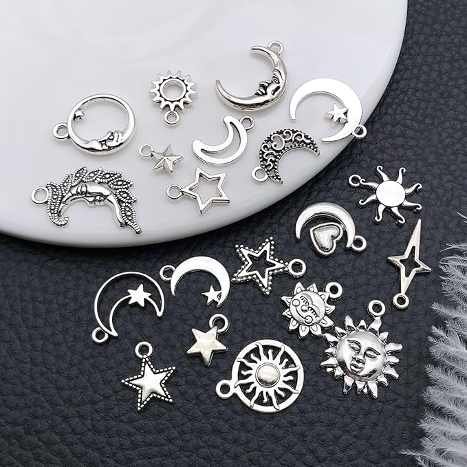 WOCRAFT 60pcs Antique Silver Sun Moon Star Bracelet Charms for Jewelry Making Sets DIY Necklace Bracelet Keychain Crafting Charms Kit Craft Supplies (SN833)