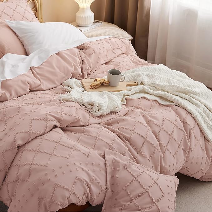 Bedsure Boho Duvet Cover King Size - Pink Breathable & Soft Boho Bedding, Machine Washable Comforter Cover for All Seasons, Includes 1 Duvet Cover 104"x90" with 2 Pillow Shams & Zipper Closure