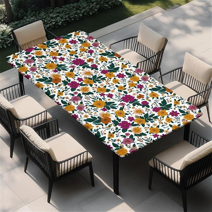 Rectangle Table Cloth Cover Waterproof Elastic Fitted Polyester Fitted Tablecloths for 6 Foot Tables for Indoor,Picnic, Camping, Outdoor （60" x 30"，Floral Print）