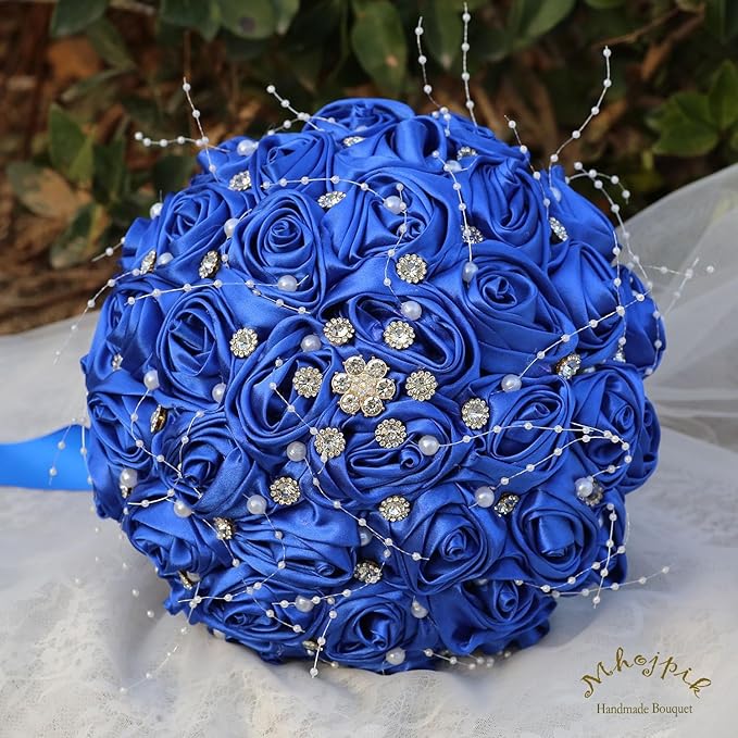 Bridal Wedding Bouquet Round Bling Brooch Bouquet Throw Toss Artificial Rose Flower Bunch for Bride Bridesmaid Wedding Quinceanera(Royal Blue, 9.8")
