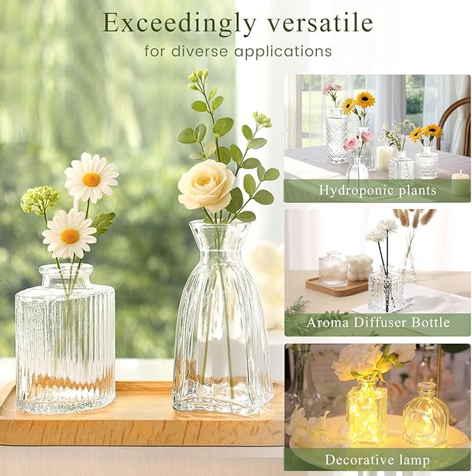 DomeStar 16PCS Glass Bud Vases Set, Small Small Flower Vase for Centerpieces, Vintage Clear Bud Vases in Bulk for Rustic Wedding Centerpieces Home Table Flower Decor